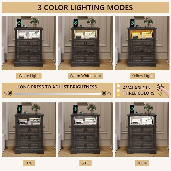 Nightstand with Charging Station,Farmhouse End Side Table with 3 Drawers and Open Storage,Smart Bedside Table with LED Light & Human Sensor, Brown