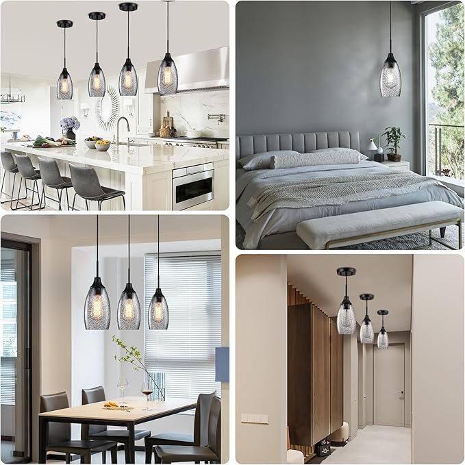 Mini Glass Pendant Light 1-Light 4.72" Handblown Black Seeded Clear Glass Shade,with Matte Black Metal Adjustable Cord Ceiling Light Fixture for Kitchen Island Sink