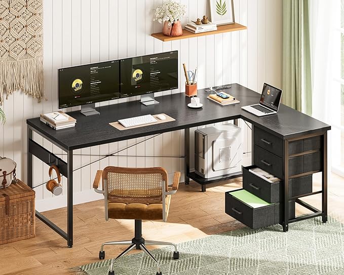 ODK 61'' L Shaped Desk with 4 Drawers, Reversible Corner Desk with Storage, Gaming Table with Power Outlets, USB Ports, PC Case Shelf, Computer Desk for Home Office, Study, Easy Assembly, Black