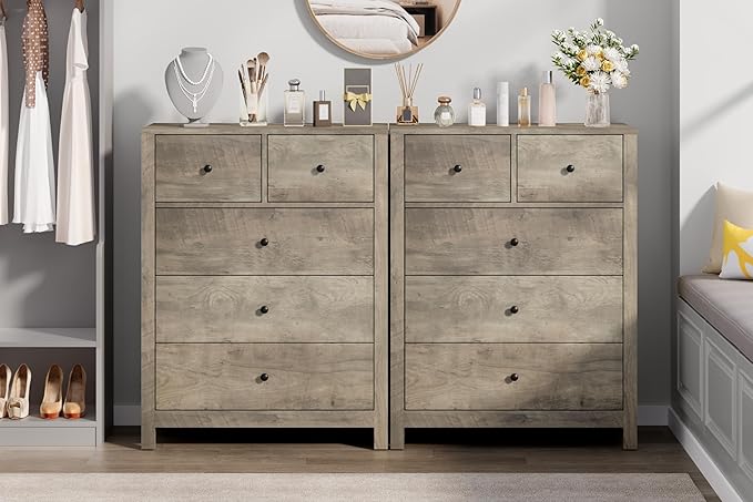 GarveeHome Grey 5 Drawer Dresser for Bedroom, Modern Tall Dresser Organizer with Storage Drawers, Wooden Chests of Drawers for Bedroom, Entryway, Hallway, Home Office