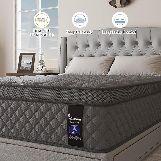 Queen Mattress, 10 Inch Euro Top Mattress Grey Hybrid Medium Firm for Back & Lumbar Support, 100 Night Trial, Individual Pocket Spring for Motion Isolation & Pressure Relief