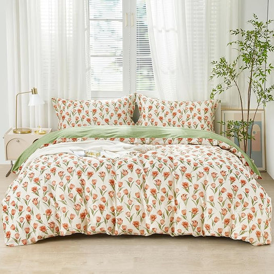 SAPHREAS Red Tulips Floral Duvet Cover Set Full Size 3pcs Green Leaves Soft Cozy Bedding Comforter Cover Set 100% Cotton 1 Duvet Cover 90"x80" 2 Pillow Shams, Comforter Not Included