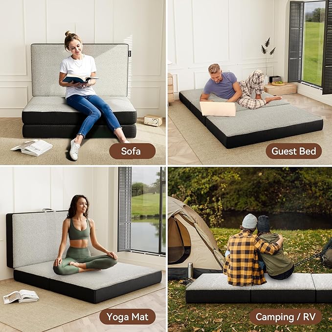 Memory Foam Trifold Mattress - Twin Portable Floor Bed 6 Inch, Foldable Mat with Washable Cover, Handle & Non-Slip Bottom, for RV, Travel, Camping, Yoga, 75"x38"x6"