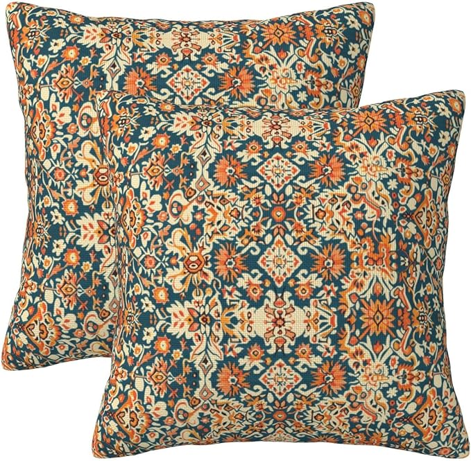 Navy Blue Orange Vintage Floral Pillow Covers 18x18 Inch Set of 2, Bohemian Style Carpet Pattern Decorative Throw Pillows Fall Cushion Covers for Sofa Bed Couch Living Room Outdoor Decor