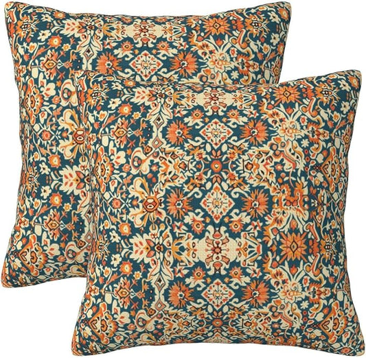 Navy Blue Orange Vintage Floral Pillow Covers 18x18 Inch Set of 2, Bohemian Style Carpet Pattern Decorative Throw Pillows Fall Cushion Covers for Sofa Bed Couch Living Room Outdoor Decor