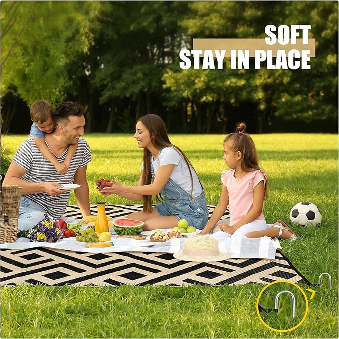 Terrug Outdoor Rug Waterproof 9x12 Ft, Foldable Outdoor Plastic Straw Rug, UV Reversible Patio Rug Decor, Outdoor Area Rug for Camping, RV, Porch, Deck, Backyard, Balcony, Picnic, Black & Beige