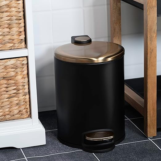 ACENTO 1.3 Gal Round Bathroom Trash Can with Lid – Stainless Steel Small Trashcan with Soft Close Pedal & Removable Liner – Compact Waste Bin for Bathroom, Bedroom, Dorm, Office – Matte Black & Gold