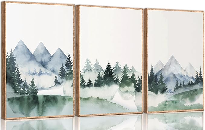 3 Pcs Modern Mountains Canvas Wall Art Green Watercolor Misty Pine Forest Nature Minimalism Abstract Landscape Painting Picture Wall Decor Poster Print Artwork for Living Room Bedroom Office Unframed