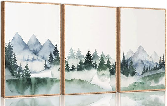 3 Pcs Modern Mountains Canvas Wall Art Green Watercolor Misty Pine Forest Nature Minimalism Abstract Landscape Painting Picture Wall Decor Poster Print Artwork for Living Room Bedroom Office Unframed