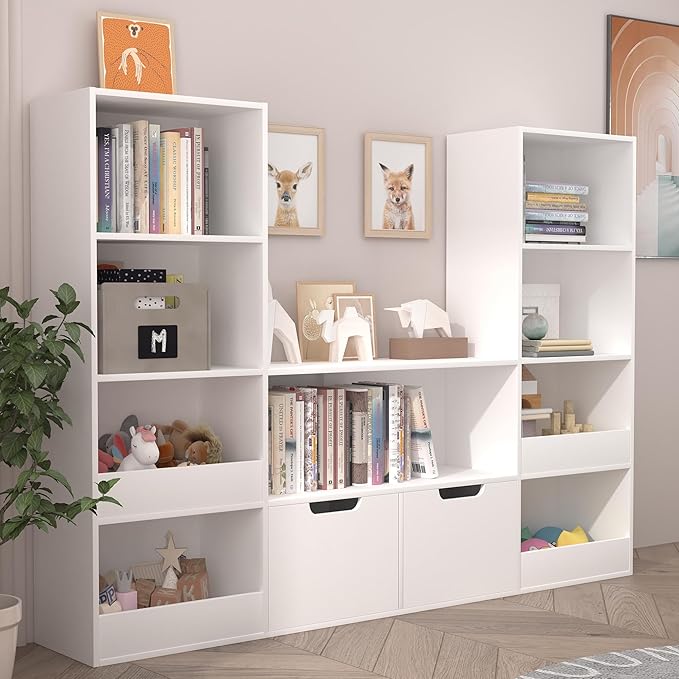 Toy Organizer and Nursery Bookshelf, 4-Tier Wooden Kids Bookcase with Storage Bins, Playroom Storage Rack for Toys and Books, Toy Storage Organizer for Playroom, Nursery, Classroom, White