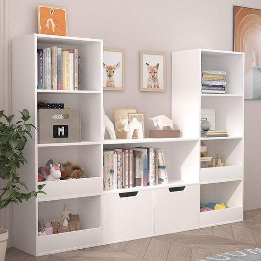 Toy Organizer and Nursery Bookshelf, 4-Tier Wooden Kids Bookcase with Storage Bins, Playroom Storage Rack for Toys and Books, Toy Storage Organizer for Playroom, Nursery, Classroom, White