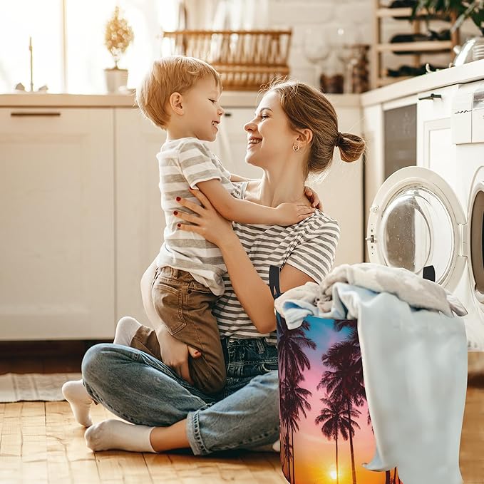 Laundry Hamper, Beach Palm Trees Sunset Landscape Laundry Basket,Waterproof Foldable Storage Bin for Bedroom,Clothes Organizer Basket,Toys Box 16x20 Inch