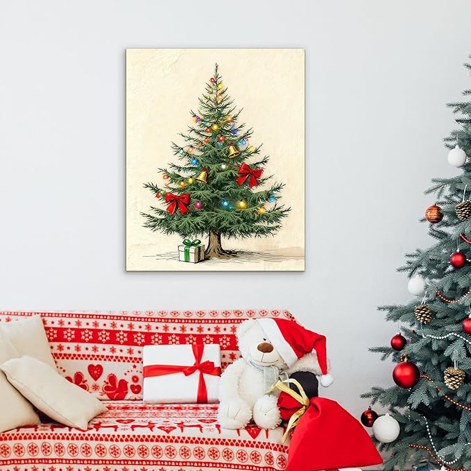 Framed Christmas Pictures Wall Decor,Vintage Pine Tree Prints,Winter Christmas Canvas Wall Art Decoration for Bedroom Bathroom Living Room Rustic Xmas Holiday Gifts (Christmas Tree 9, 11'' X 14'')