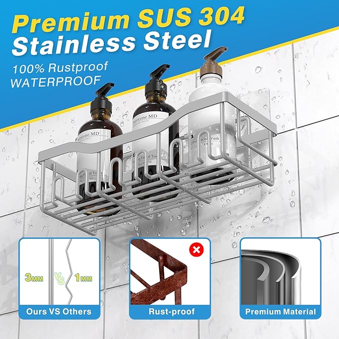 5-Pack Rustproof Stainless Steel Shower Caddy – No Drill Adhesive Bathroom Organizer with Large Capacity, Spacious Shower Shelves for Inside Shower, Kitchen & Home Decor Storage-XL Size