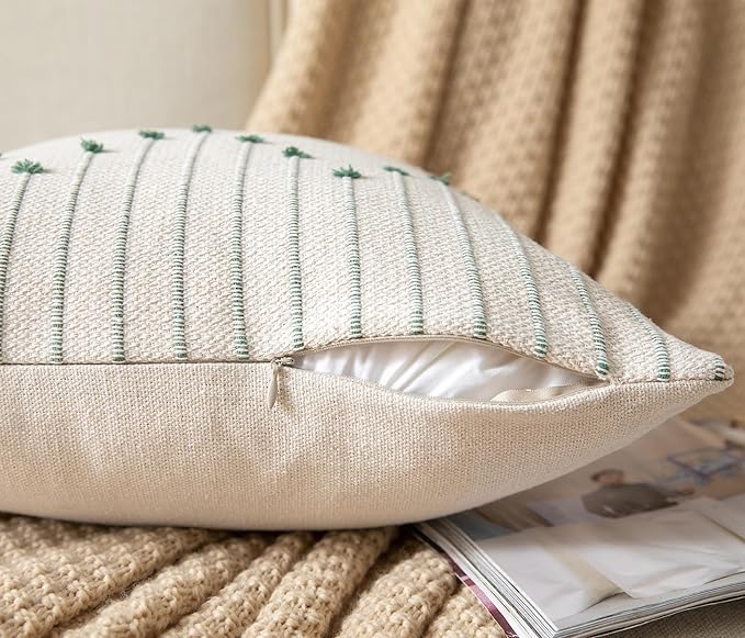 Caflife Boho Throw Pillow Covers 20x20 Set of 2 Decorative Pillows for Bed, Neutral Pillow Covers Beige with Green Line Throw Pillows for Modern Farmhouse Couch Sofa Living Room Outdoor