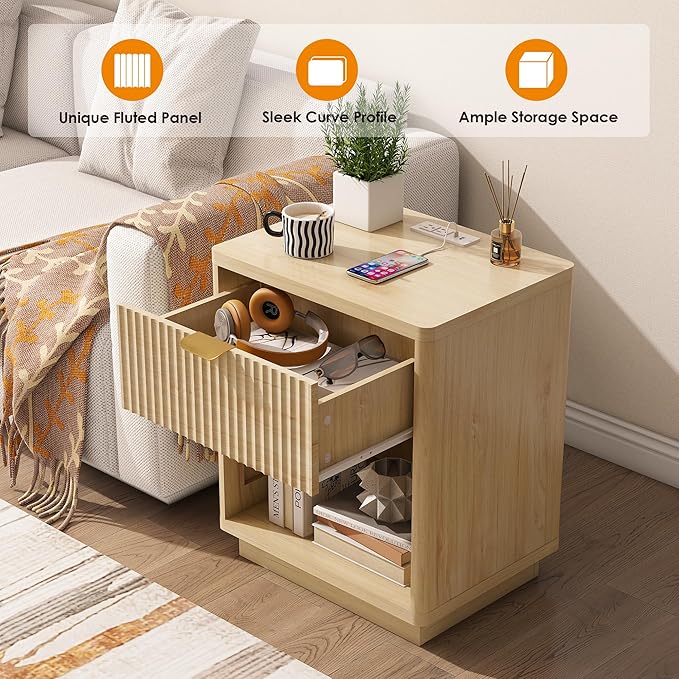 Fluted Nightstand Charging Station,Wood Modern Night Stands Storage Cabinet for Bedroom,Oak Bedside Table with Drawers