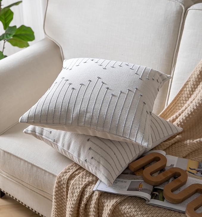Caflife Boho Throw Pillow Covers 18x18 Set of 2 Decorative Pillows for Bed, Neutral Pillow Covers Beige with Grey Line Throw Pillows for Modern Farmhouse Couch Sofa Living Room Outdoor
