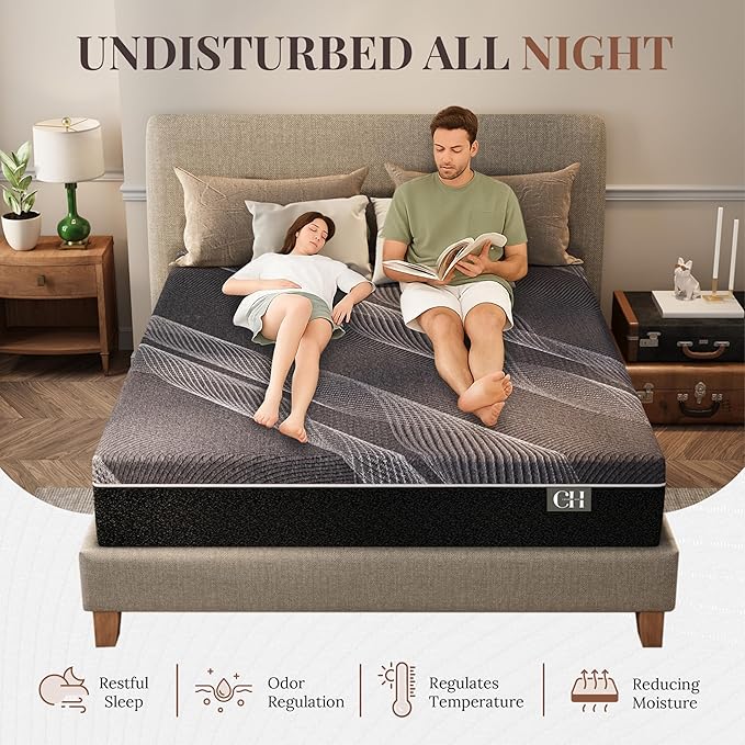 CH CHARME HOUSE 12 Inch Full Mattress, Bamboo-Charcoal Memory Foam Mattress, Cooling & Pressure Relief, Bed in a Box, Foam Made in USA & CertiPUR-US Certified, 54'x75'x12', Black
