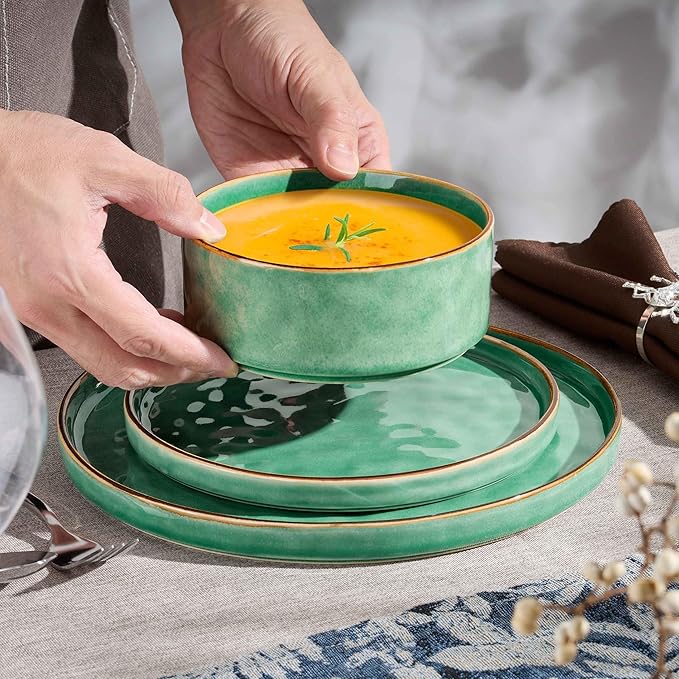 Herogo 12 Pieces Dinnerware Dish Sets for 4, Plates and Bowls Sets for Home Kitchen, Ceramic Dinning Dishes, Dishwasher & Microwave Safe, Gemstone Green