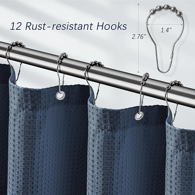Blue Shower Curtain 256GSM Waffle Shower Curtain Heavy Duty for Bathroom, Water Repellent Weighted Hotel Quality Polyester Bath Curtain Set with 12 Metal Hooks, 72Wx72H Navy