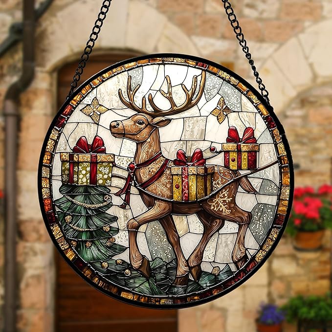 Stained Glass Window Hanging, Christmas Tree Elk Sun Catchers Colorful Glass Panel Retro Suncatcher Decor for Birthday for Women, Men, Wife, Aunt, and Mom 7.8 in
