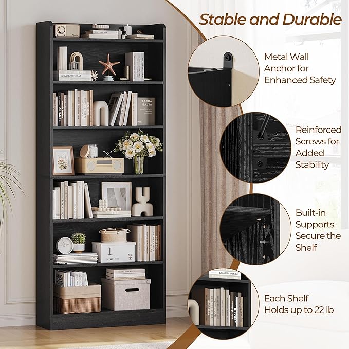 Yaheetech 7-Tier Open Bookcase and Bookshelf, Modern Simple Floor Standing Display Storage Shelves with Top Open Compartment for Home Office, Living Room, Bed Room - Black