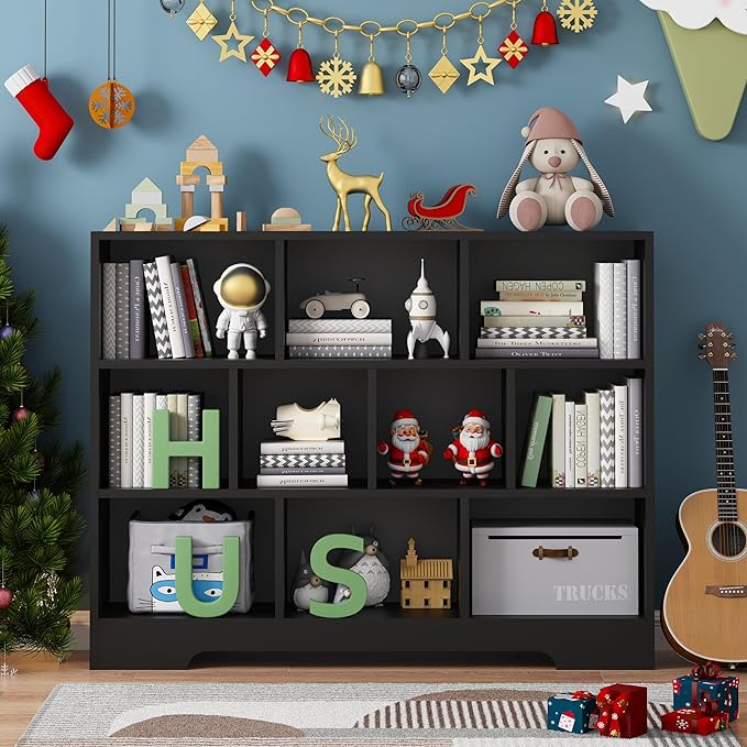 Book Shelf for Kids, 10 Cubes Storage Organizer Montessori Bookshelf, 3-Tier Wooden Kids Bookcase, Toy Storage Organizer for Children, Black Toddler Bookshelf Cube Shelf for Kid’s Room, Classroom