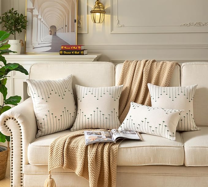 Caflife Boho Throw Pillow Covers 20x20 Set of 2 Decorative Pillows for Bed, Neutral Pillow Covers Beige with Green Line Throw Pillows for Modern Farmhouse Couch Sofa Living Room Outdoor