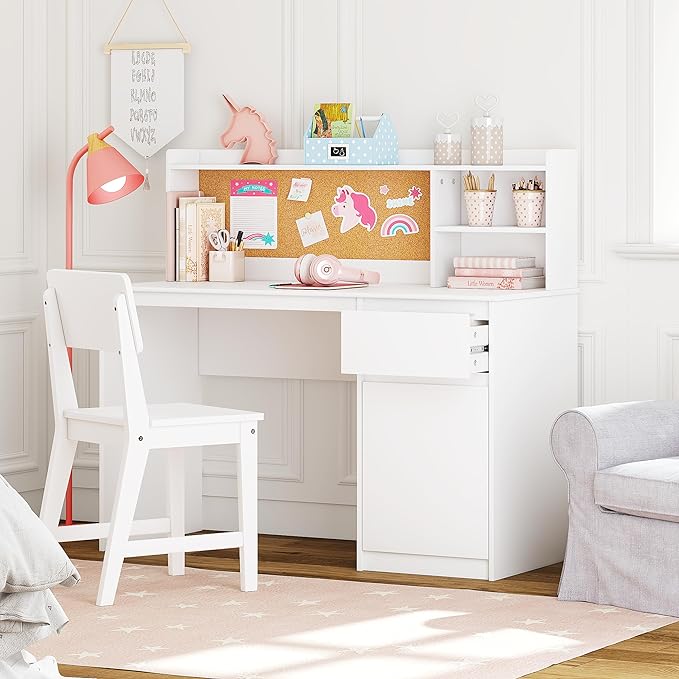 UTEX Kids Study Desk with Chair, Kids Desk and Chair Sets with Hutch and Storage Cabinet, Wooden Children Study Table, Student Writing Table Computer Workstation for 5-12 Years Old