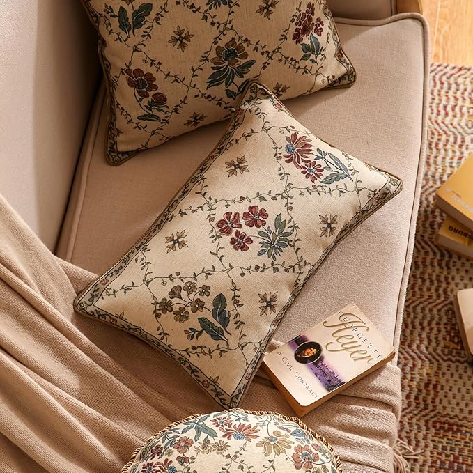 patdrea Designer Throw Pillow Covers Set of 2,Rectangle Vintage Light Brown Linen with Floral Pattern Pillow Cover,Decorative Lumbar Pillowcases Cushion for Bed Living Room Outdoor Car,12"x20"
