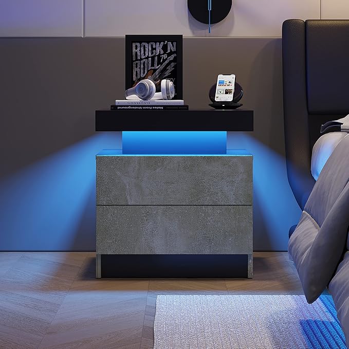 LED Nightstands, Modern End Side Table with 2 Drawers, LED Bedroom Furniture for Bedroom and Living Room, Grey
