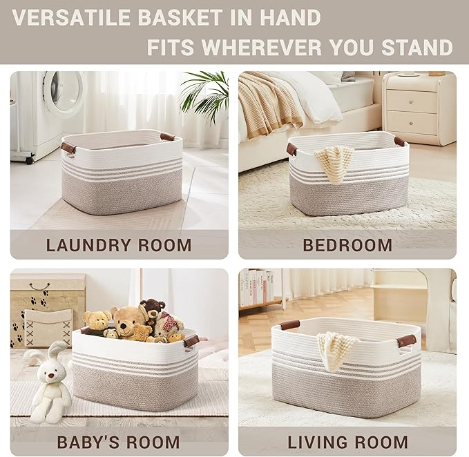 Laundry basket with leather handles for clothes,blankets,pillows,toys,towels,suitable for bedrooms and living rooms,cotton woven laundry hamper,extra large gift basket,22"x17"x12",Beige Brown
