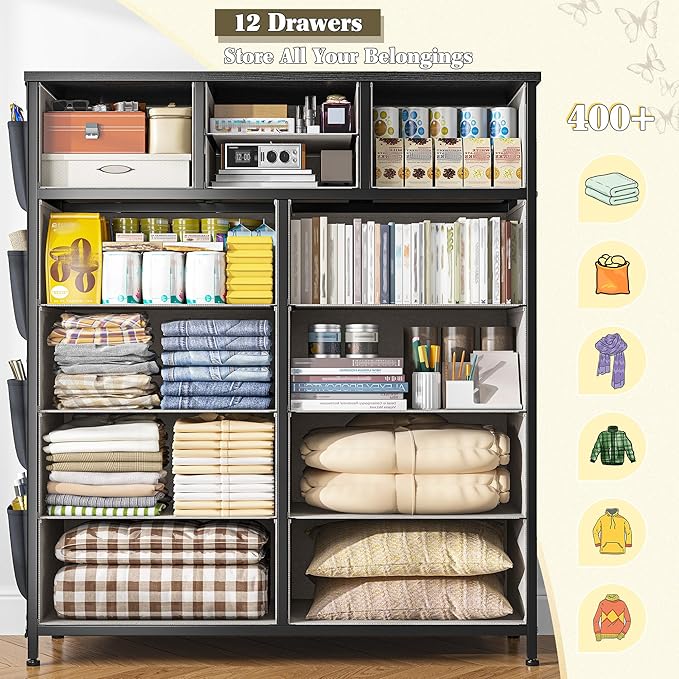 EnHomee Dresser for Bedroom with 12 Drawers, Tall Dressers & Chest of Drawers with Side Pockets, Fabric Dresser for Bedroom, Closet, Hallway, Living Room, Sturdy Metal Frame, Wood Top, Grey