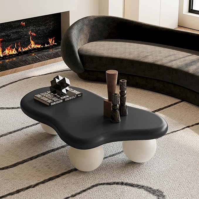 40 Inch Cloud Shaped Coffee Table with 3 Ball Legs for Living Room Black Top White Legs