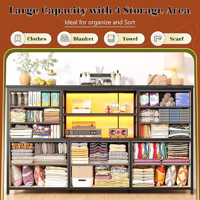 Dresser for Bedroom with LED Lights & Power Outlets 12 Drawers Dresser TV Stand for 60''TV Fabric Dressers & Chest of Drawers, Sturdy Metal Frame, Closet, Living Room, Grey, 49.2''W*11.8''D*35.4''H