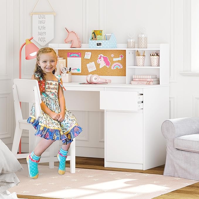 UTEX Kids Study Desk with Chair, Kids Desk and Chair Sets with Hutch and Storage Cabinet, Wooden Children Study Table, Student Writing Table Computer Workstation for 5-12 Years Old