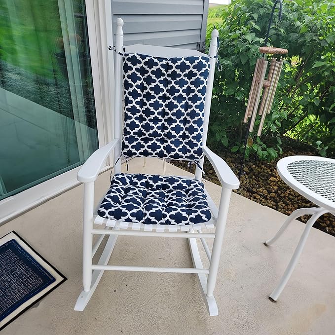 Fulton Navy Porch Rocker Cushions - Small - Indoor-Outdoor, Fade Resistant, Weather Resistant - Latex Foam Fill Rocking Chair Seat Cushion & Backrest Pad Set - Made in USA (Blue Quatrefoil)