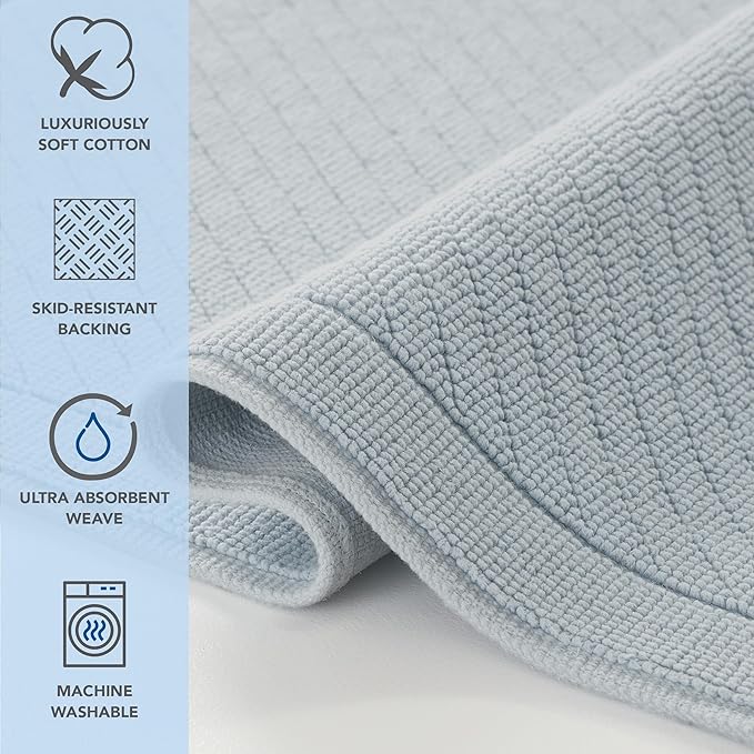 Arkwright 100% Cotton Bathroom Rug - High Absorbent Stylish Textured Woven Design Bath Mat, Slip Resistant Backing for Shower and Bathtub Floor, 20x60 in - Blue