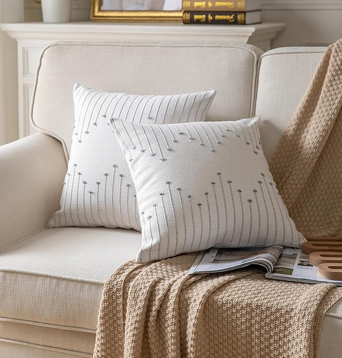 Caflife Boho Throw Pillow Covers 24x24 Set of 2 Decorative Pillows for Bed, Neutral Pillow Covers Beige with Grey Line Throw Pillows for Modern Farmhouse Couch Sofa Living Room Outdoor