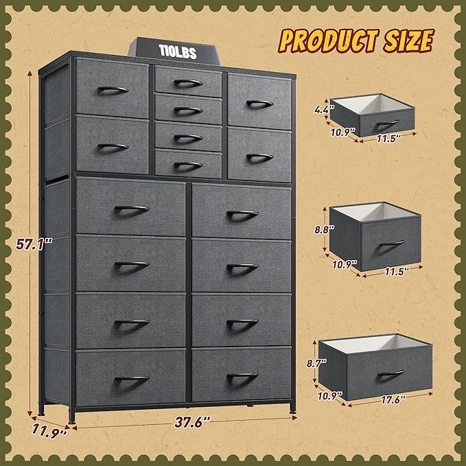 57“H Tall Dresser for Bedroom with 16 Drawers,Fabric Dressers & Chests of Drawers for Bedroom,Large Dresser for Closet,Sturdy Metal Frame & Wood Top,Entryway, Hallway(Grey)