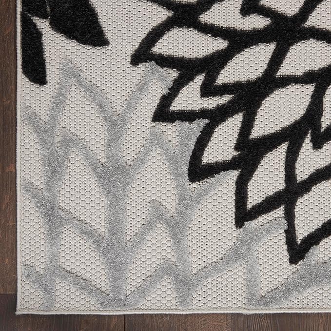 Nourison Aloha Indoor/Outdoor Black White 6' x 9' Area Rug, Tropical, Botanical, Easy Cleaning, Non Shedding, Bed Room, Living Room, Dining Room, Deck, Backyard, Patio (6x9)