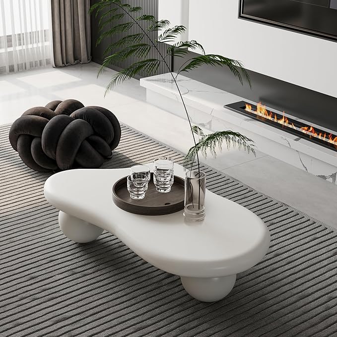 47 Inch Cloud Shaped Coffee Table with 3 Ball Legs for Living Room Cream White