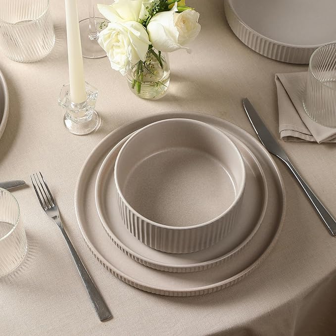 Stone Lain Haven 12-Piece Dinnerware Set, Beige, Includes 4 Dinner Plates, 4 Salad Plates, 4 Bowls, Microwave & Dishwasher Safe
