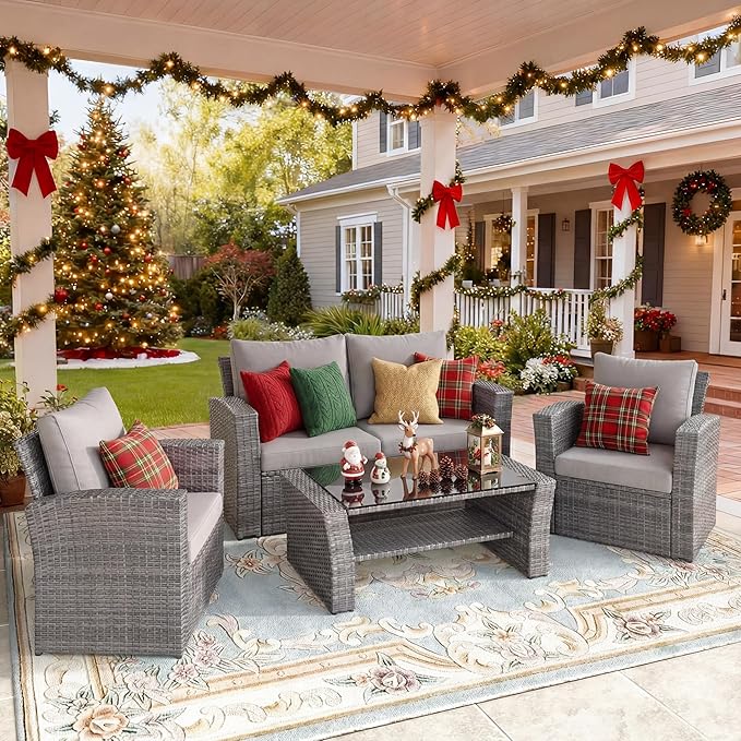 Wisteria Lane 4 Piece Patio Furniture Set, Wicker Outdoor Patio Conversation Furniture Set, All Weather Outdoor Patio Sofa with Cushion and Glass Table, Light Gray
