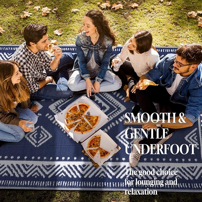 OMERAI Reversible Waterproof Outdoor Rug for Backyard,Plastic Textured Resistant Outdoors Rugs,Portable Washable Easy Cleaning Foldable Camping Beach Carpet for Patio Courtyard, 8'x10' Blue & White