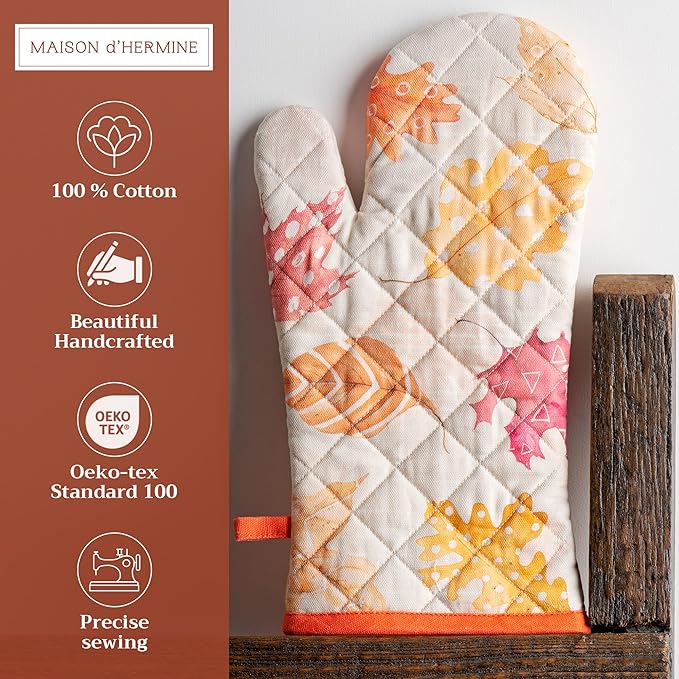 Maison d' Hermine Oven Gloves 100% Cotton Oven Mitt 7" x 13" with Loop Heat Resistant BBQ Cooking Gloves for Thanksgiving Christmas Decorations Baking Handling Hot Pans (Pack of 1, Colours of Autumn)