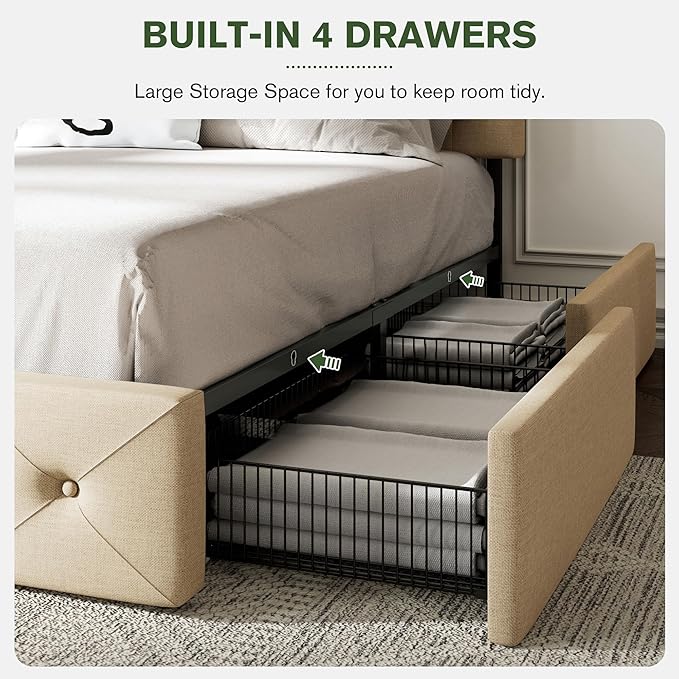 MUTICOR Queen Size Bed Frame with 4 Storage Drawers, Upholstered Platform Bed with Button Tufted Adjustable Headboard, No Box Spring Needed, Easy Assembly, Diamond Tufted, Beige Fabric