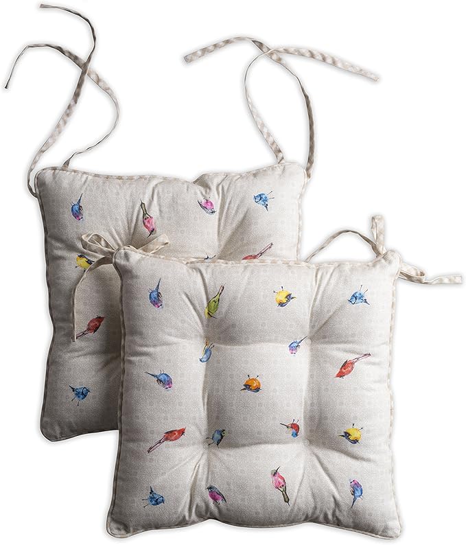 Maison d' Hermine Chair Pads for Dining Chairs Cotton Outer Fabric and Poly Filling 16"x16" Patio Seat Cushions for Furniture with Ties Home Chair Party Hall Farmhouse (Birdies On Wire, Pack of 2)