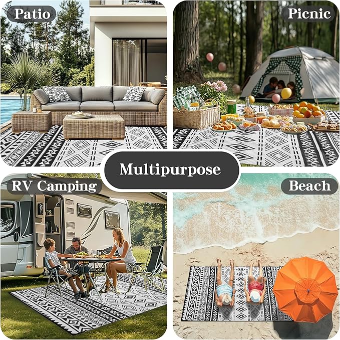 Wallona Outdoor Rugs 5x8 ft Patio Waterproof Clearance Indoor Outdoor Carpet for Patio Plastic Straw Reversible Area Rugs Mat for RV, Camping, Balcony, Beach, Picnic, Porch, Boho Black & White