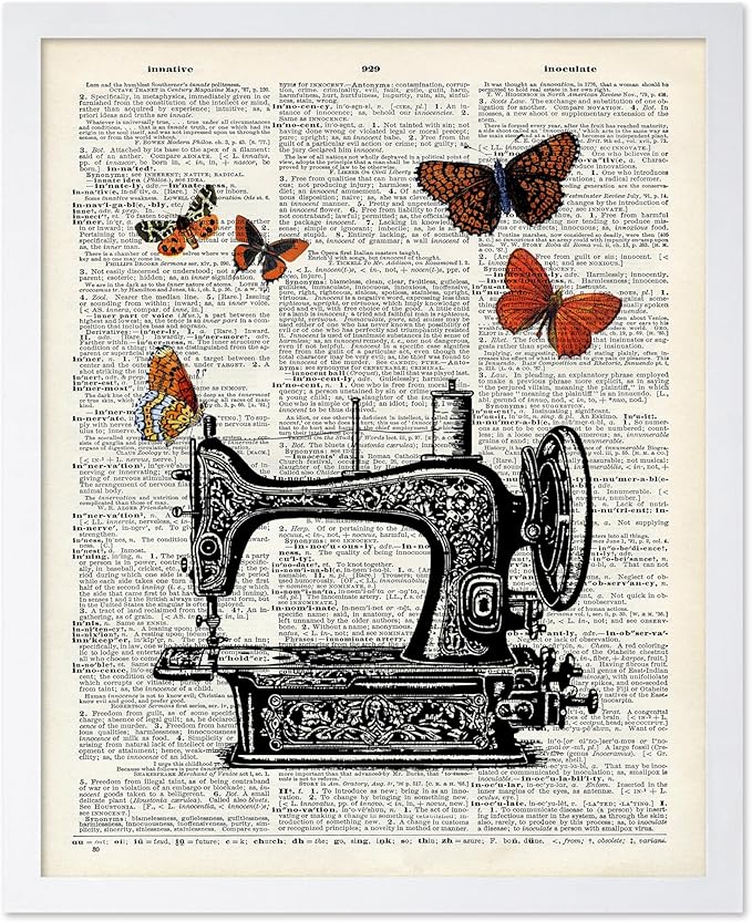 Poster Master Dictionary Art Poster - Sewing Machine Print - Sewing Art - Butterfly Art - Gift for Men, Women & Dressmaker - Chic Decor for Living Room, Bedroom or Office, 8x10 White Framed